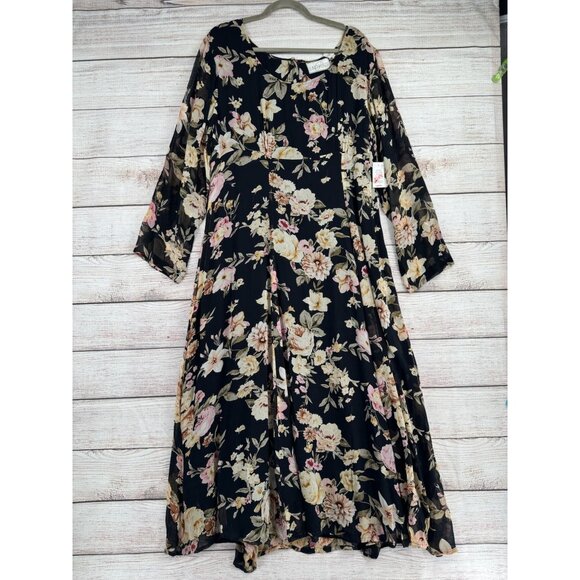 Vintage Passports Pier 1 Imports Floral A-Line Maxi Dress‎ Women's XL Black/Pink - Picture 1 of 14